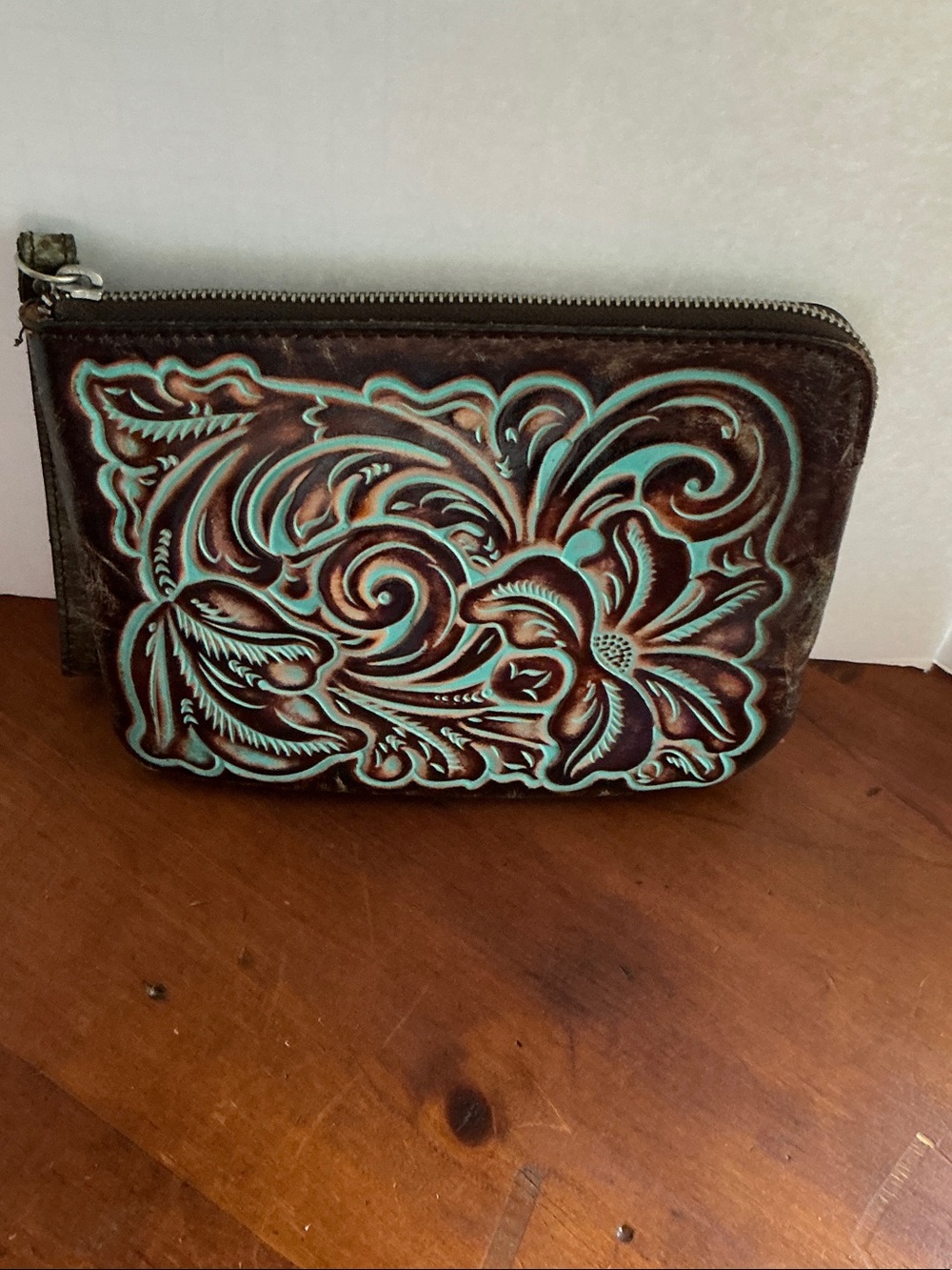 Patricia Nash brown Tooled Leather Zip Wristlet with Turquoise Accent